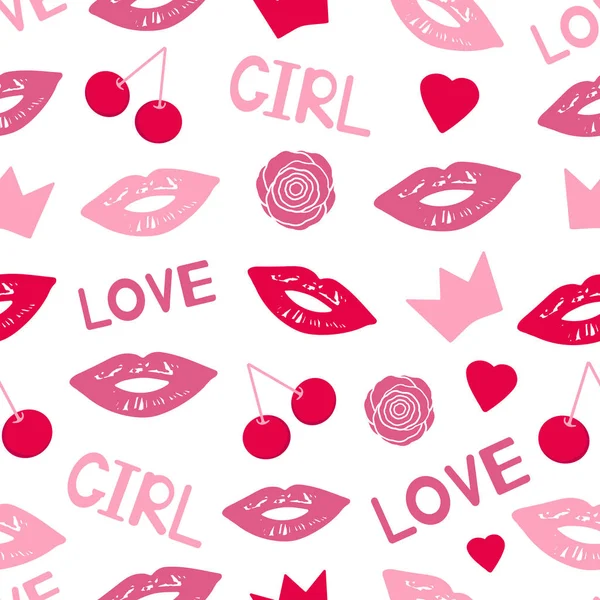 Seamless Pattern Colorful Lips Flowers Crowns Cherries Words Love Girl — Stock Vector