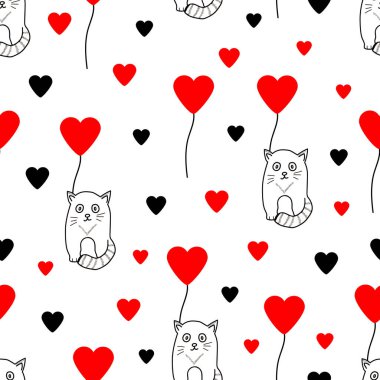 Şirin kedileri ve kalpleri olan kusursuz bir desen. vektör illüstrasyonu