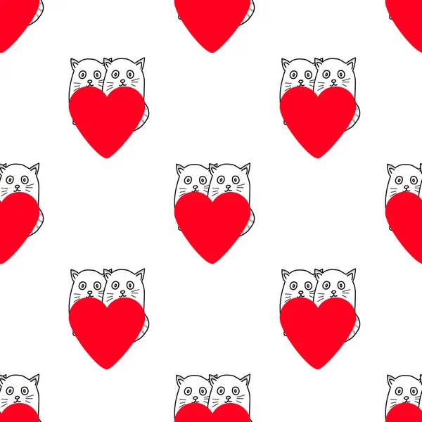 Seamless Pattern Cute Cats Hearts Vector Illustration — Stock Vector