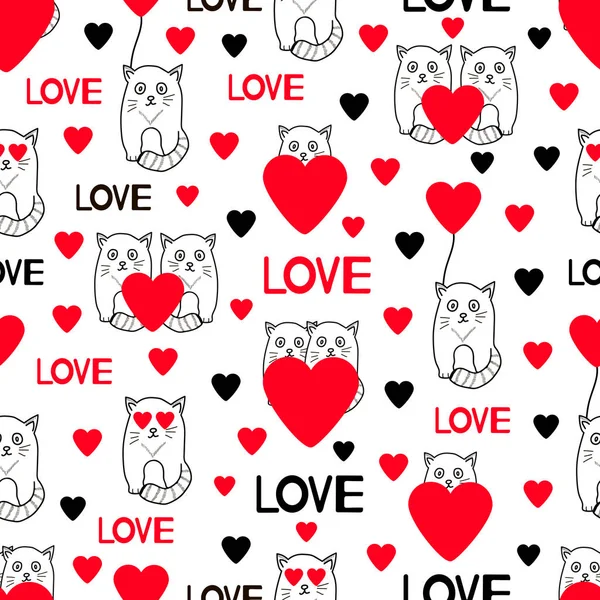 Sevimli kediler, kelime aşk ve kalpleri ile Seamless modeli. Vektör çizim