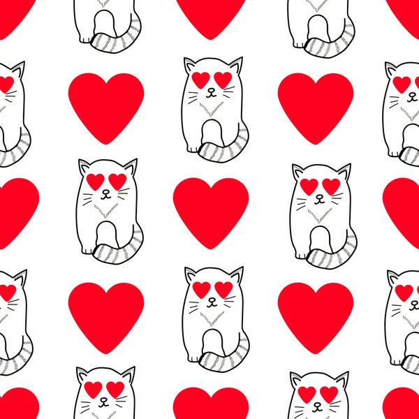 Seamless pattern with cute cats and hearts. — Stock Vector