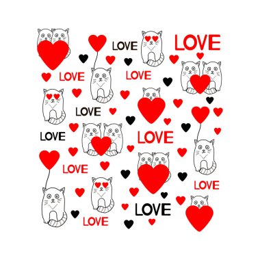 Sevimli kediler ve kalpleri ile kartı. Vektör çizim