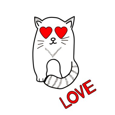 Şirin kedi ve word seviyorum. Sevgililer günü kartı. Vektör çizim