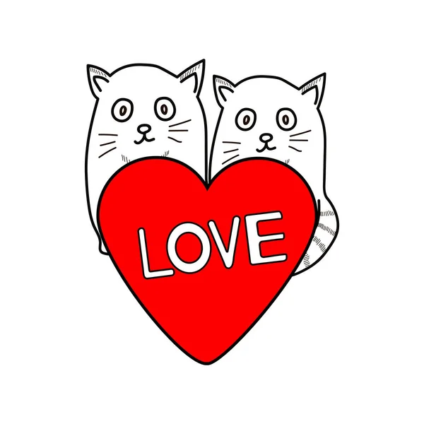 可愛い猫と赤いハート バレンタイン カード ベクトル図 — ストックベクタ