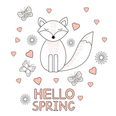 Merhaba bahar kartı, fox, kalp, kelebekler, çiçekler. Vektör çizim.