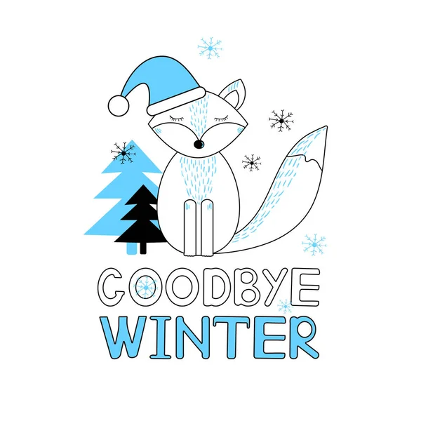 Viszlát Téli Kártya Fox Fehér Háttér Hópelyhek Vektoros Illusztráció — Stock Vector