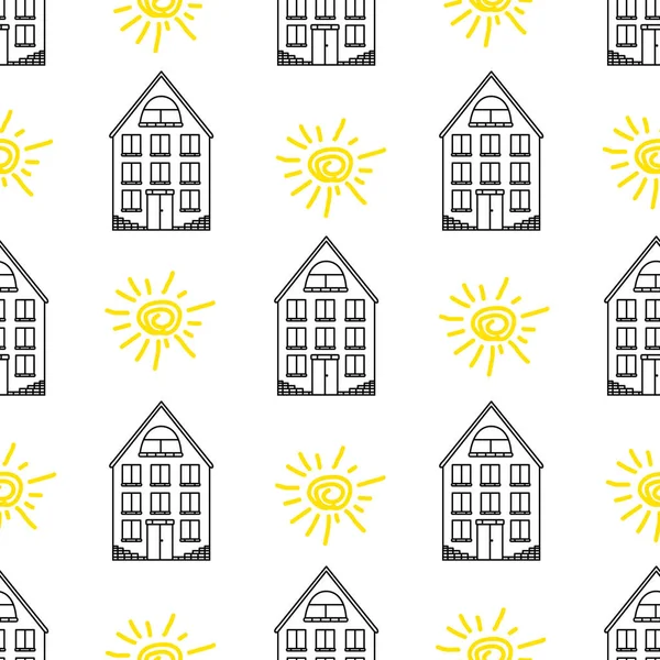 Nahtloses Muster mit schwarzen Häusern und gelben Sonnen. — Stockvektor