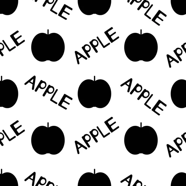 Manzanas patrón sin costuras. Frutas negras y manzana de palabra en el blanco — Vector de stock