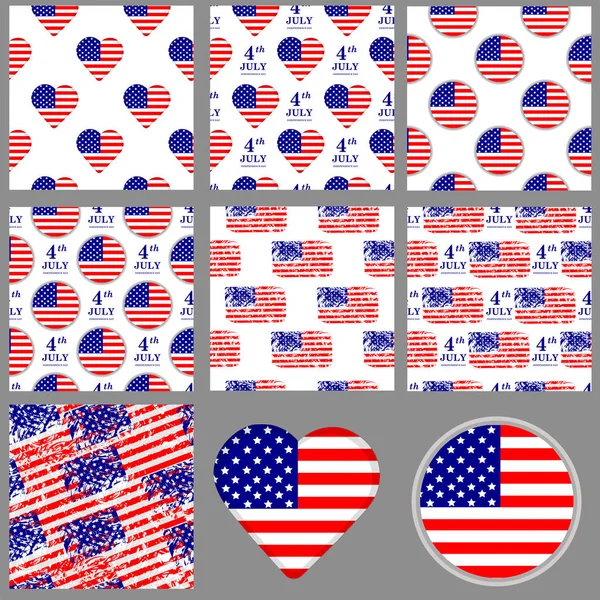 Conjunto de patrones sin costuras. Bandera de los Estados Unidos. Fondo americano. Inde — Vector de stock