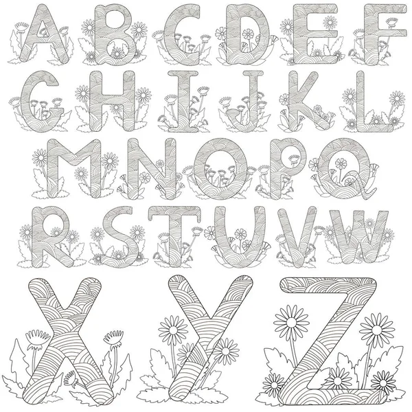 Alphabet mit Blumen. Schwarz-weiße Buchstaben. — Stockvektor