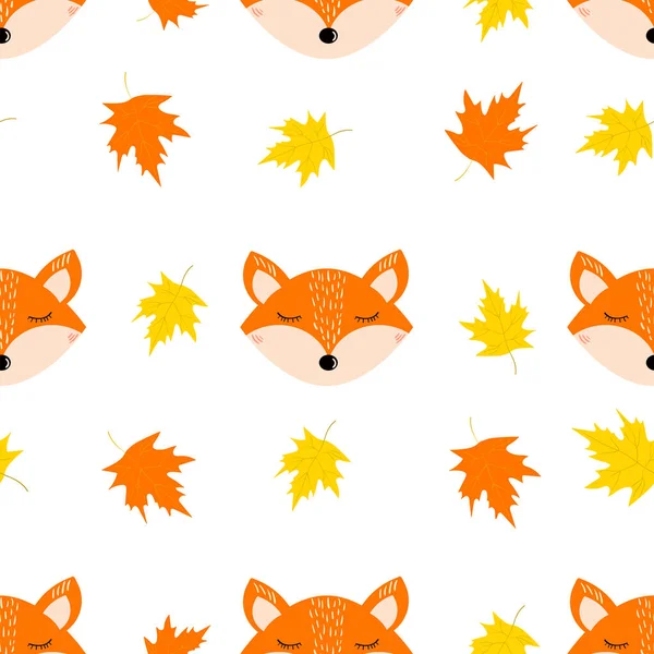 Sevimli tilki yüzü ile sonbahar Dikişsiz desen, beyaz yaprakları 