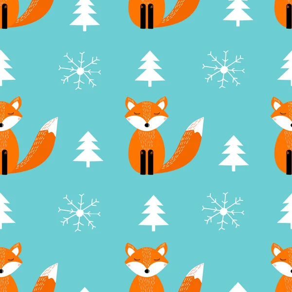 Sevimli tilki, kar taneleri ve çam ağaçları ile dikişsiz desen. Winte