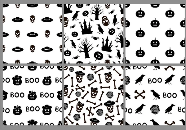 Halloween creative seamless patterns. Black and white background — Stock Vector