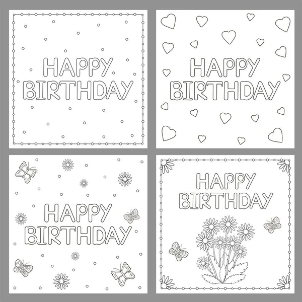 Conjunto de tarjetas de feliz cumpleaños. Flores, corazones y mariposas. Colo. — Vector de stock