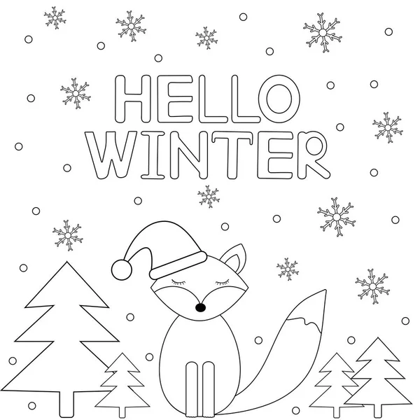 Witam zimę. Karta z płatkami śniegu i lisem. Kolorowanki. — Wektor stockowy