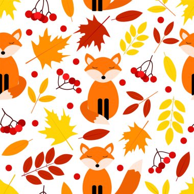 Sonbahar pürüzsüz desen. Renkli yapraklar, tilkiler ve Rowan. Dijital kağıt. Vektör arkaplanı. 