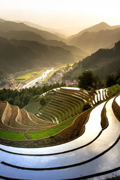 Teraslı alan yağlıboya resim güzel bir görüntüdür. Teraslı pirinç alan pirinç de Mu Cang Chai büyümeye başlamadan önce zaman sulama sezonu boyunca eğik çizgiler