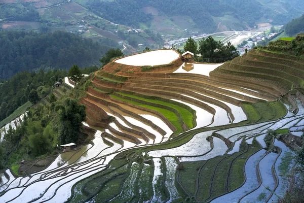 The image of terraced field is as beautiful as the oil painting. The curved lines of terraced rice field during the watering season at the time before starting to grow rice in Mu Cang Chai