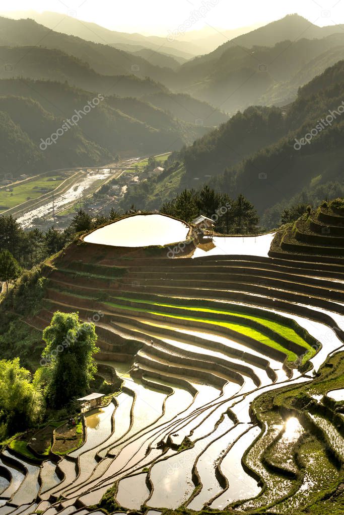 The image of terraced field is as beautiful as the oil painting. The curved lines of terraced rice field during the watering season at the time before starting to grow rice in Mu Cang Chai