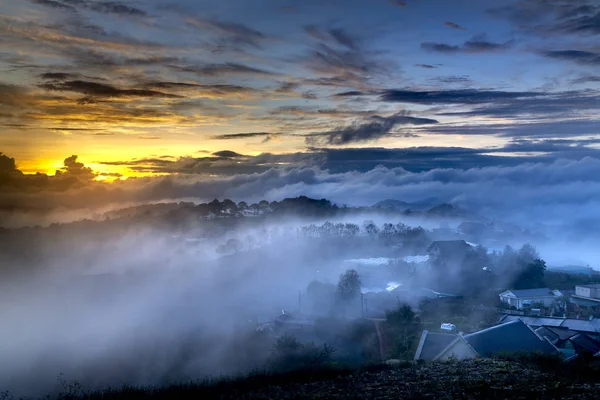 A magical image of a clouded valley in the early morning in Da lat town, Vietnam