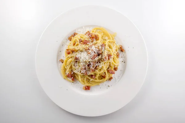 Widok Góry Dish Makarony Spaghetti Carbonara Serem — Zdjęcie stockowe