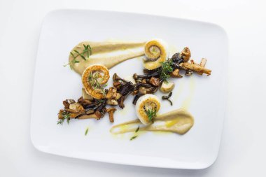 Üstten görünüm izole balık yemek ile karışık mantar haddelenmiş tek fileto