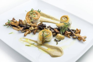 Tek fileto ile karışık mantar haddelenmiş izole balık yemek