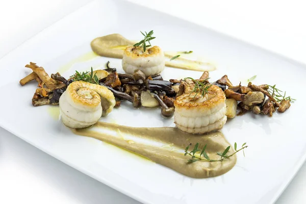 Isolated Fish dish sole fillets rolled with mixed mushrooms