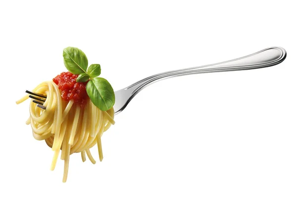 Espaguetis Apetitosos Enrollados Tenedor Con Salsa Típica Italiana —  Fotos de Stock