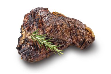 Bütün beyaz arka plan üzerinde izole rosemary ile T-bone biftek ızgara