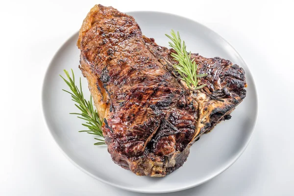 White Plate Whole Grilled Bone Steak Rosemary Isolated White Background — Stock Photo, Image