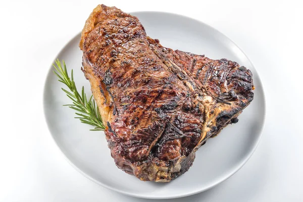 Bílé Kulaté Desky Celek Grilovaný Bone Steak Rosemary Izolovaných Bílém — Stock fotografie