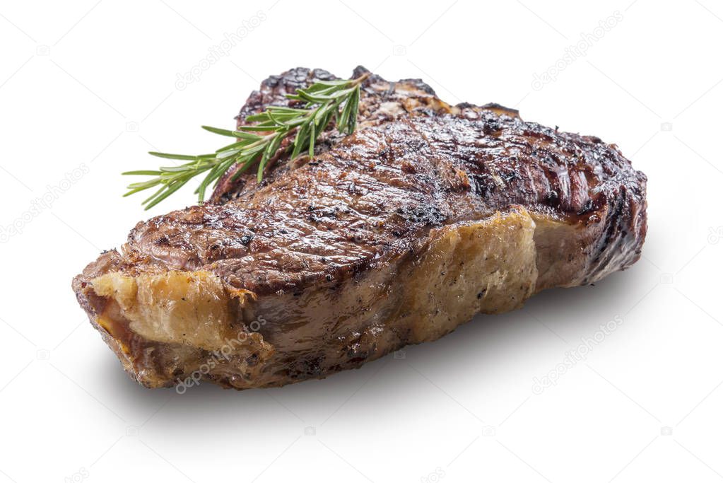 Whole grilled T-bone steak with rosemary isolated on white background