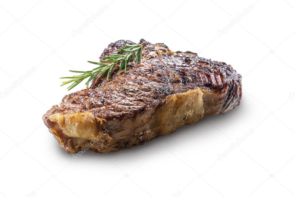 Whole grilled T-bone steak with rosemary isolated on white background