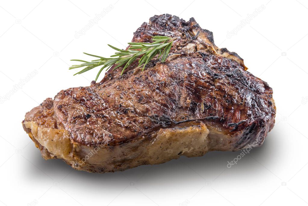 Whole grilled T-bone steak with rosemary isolated on white background