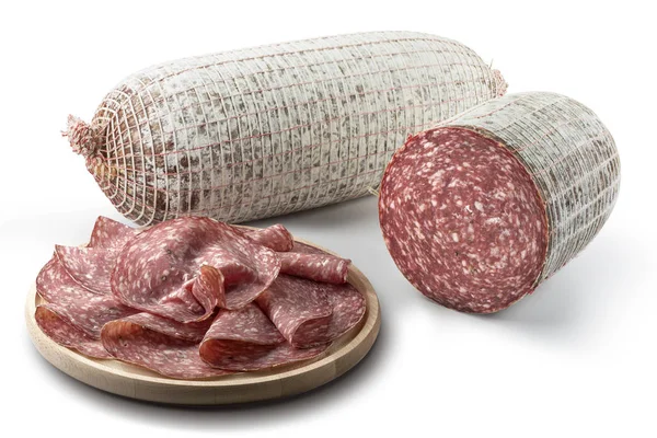 Twee Stukjes Salami Segmenten Snijplank — Stockfoto