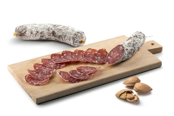 Dois Pedaços Salame Fatias Tábua Corte — Fotografia de Stock