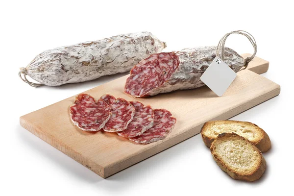 Two Pieces Salami Slices Cutting Board — Stock Photo, Image