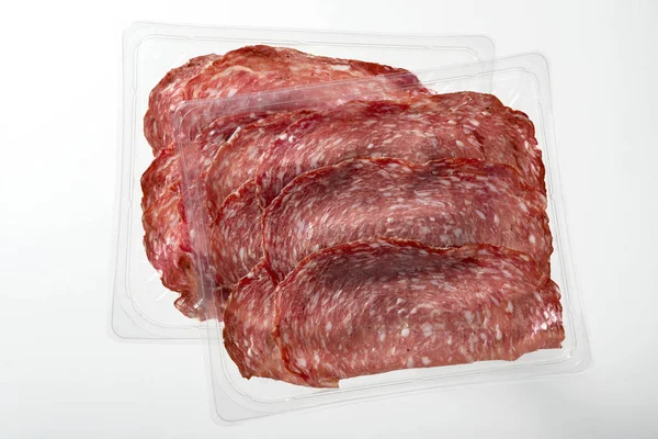 Transparent Tray Presliced Salame Top View — Stock Photo, Image