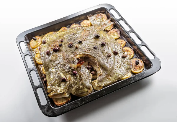 Cooked Whole Turbot Fish Baking Pan Oven Potato Olives Aromatic — Stok Foto