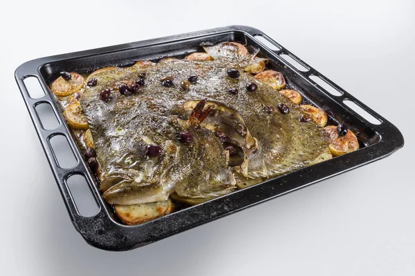 Cooked Whole Turbot Fish Baking Pan Oven Potato Olives Aromatic — Stok Foto