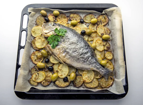 Sargo assado com batatas e azeitonas — Fotografia de Stock