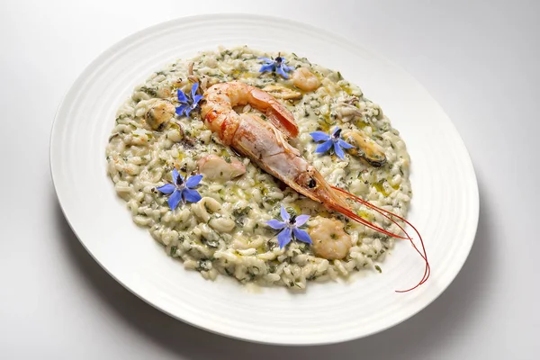Risotto dish with borage shrimp and seafood