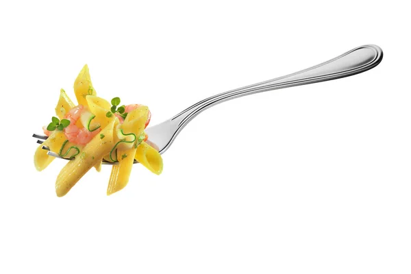 Forchetta con penne zucchine gamberetti ed erbe aromatiche — Foto Stock