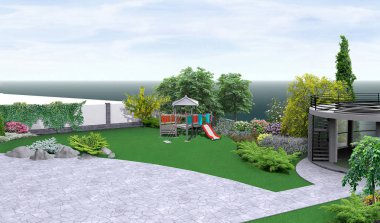 Düzenleme veranda yaşam alanı, yeşil tasarım özellikleri 3d render
