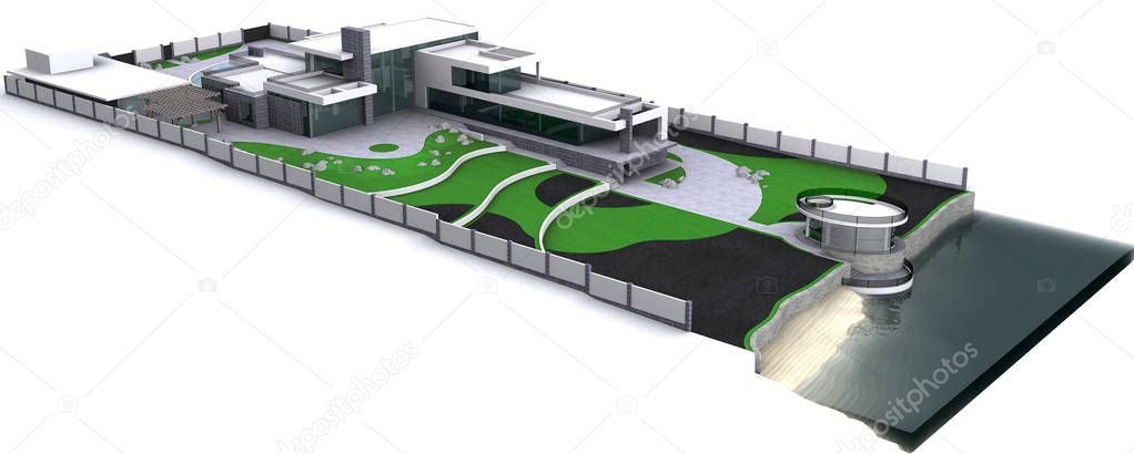 Minimalist modern estate aerial view master plan, 3D rendering