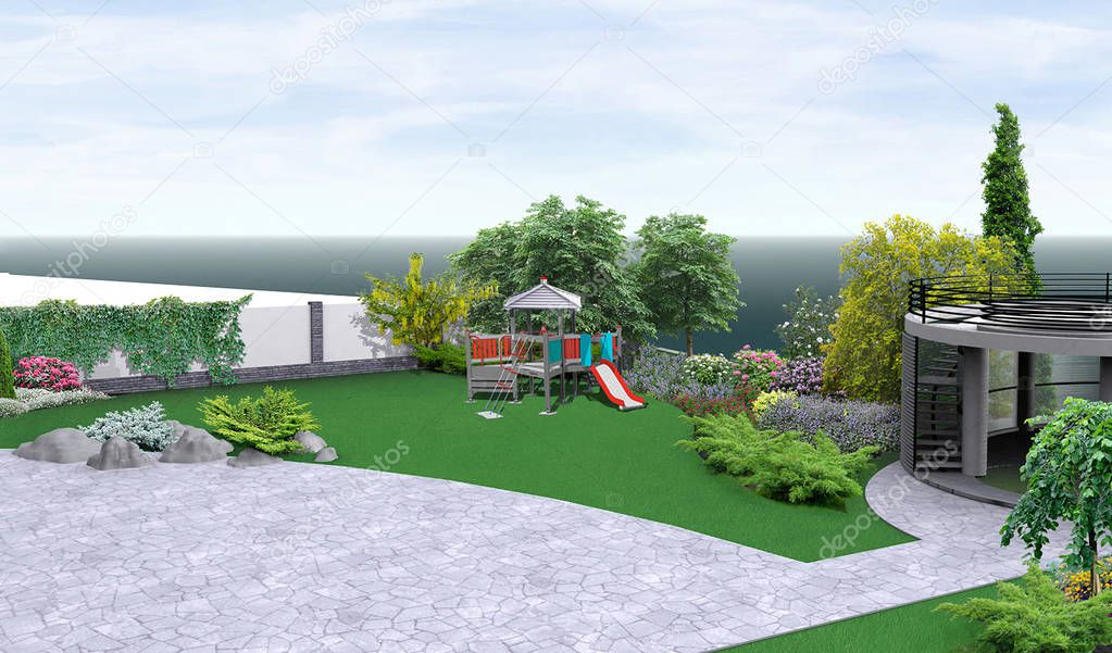 Arrangement patio living space, green design features 3D render
