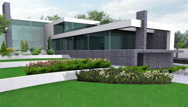 Lüks emlak Bahçe illüstrasyon, 3d dış tam aydınlatma ile.