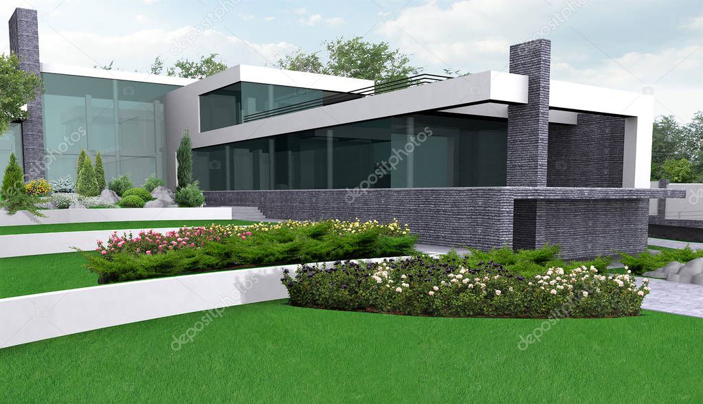 Luxury estate gardening illustration, 3d exterior with complete lighting.