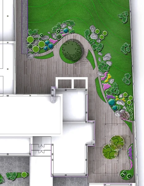 Private Yard Landscaping General Plan Rendering — Stock Photo, Image